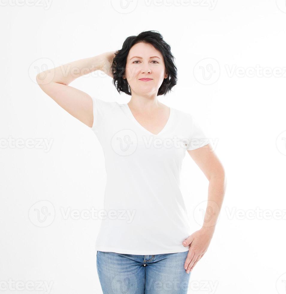 middle age woman in t-shirt on white background. Mock up for design. Copy space. Template. Blank photo