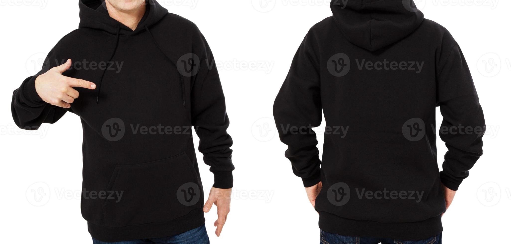 Conjunto de sudadera con capucha para hombre, vista frontal y trasera con capucha negra, maqueta de capucha. espacio de copia vacío con capucha masculina. fondo delantero y trasero foto