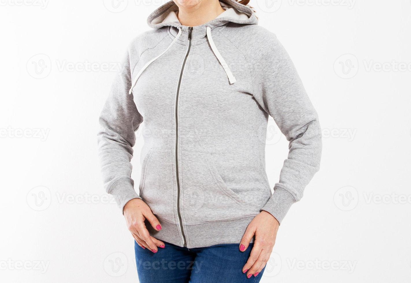 Woman in hoodie sweater on light background. Space for design mock up photo