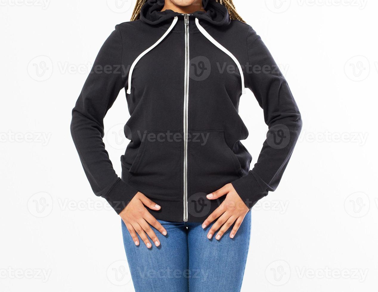 Front black sweatshirt view. Afro woman show on template clothes for print and copy space isolated on white background. Mockup cropped image photo