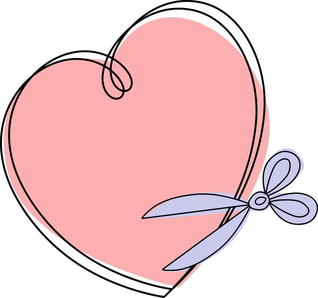 Pink heart-shaped frame with an empty space for insertion, for needlework, silver scissors, drawing with one line vector