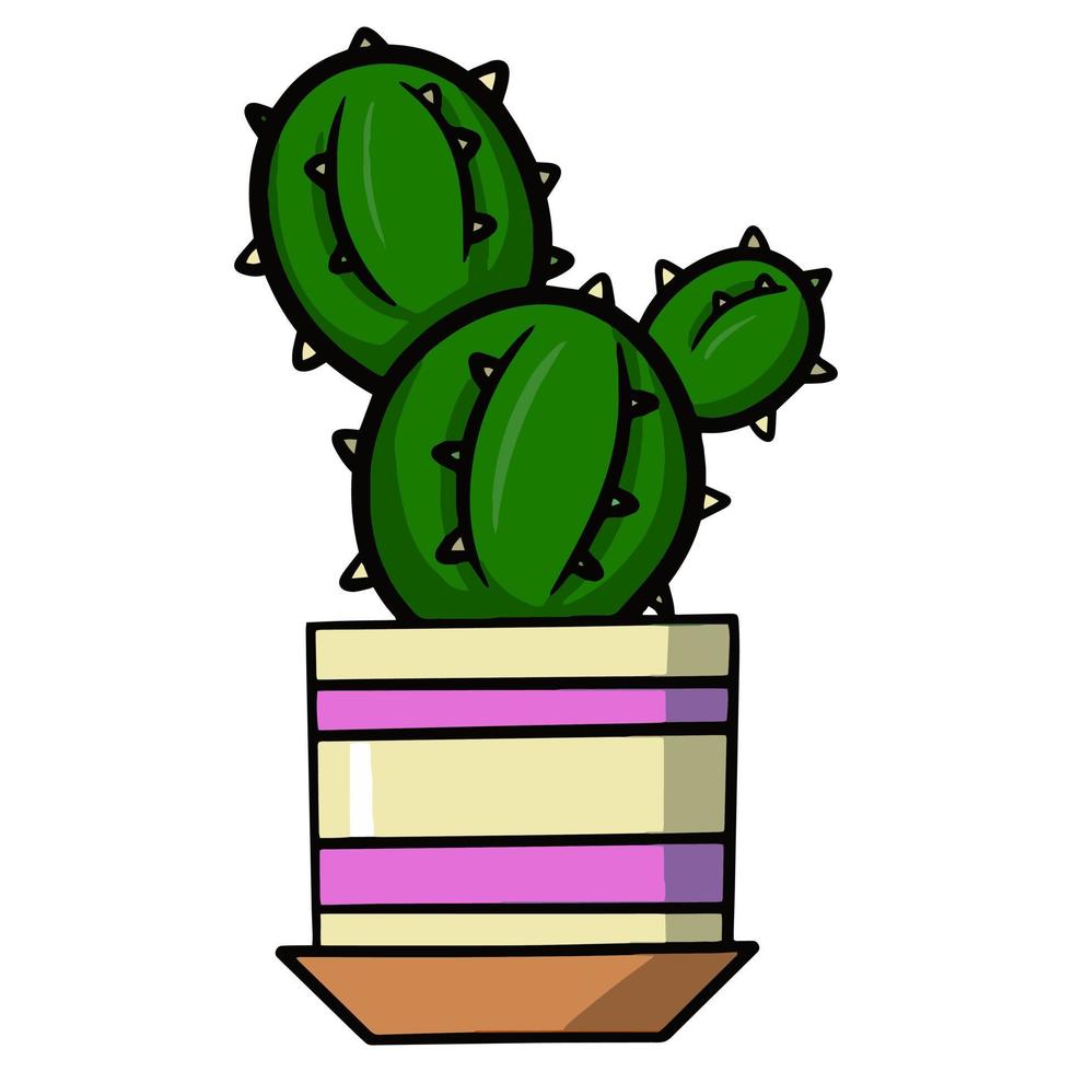 Round green prickly cactus in striped pot, vector illustration on white background