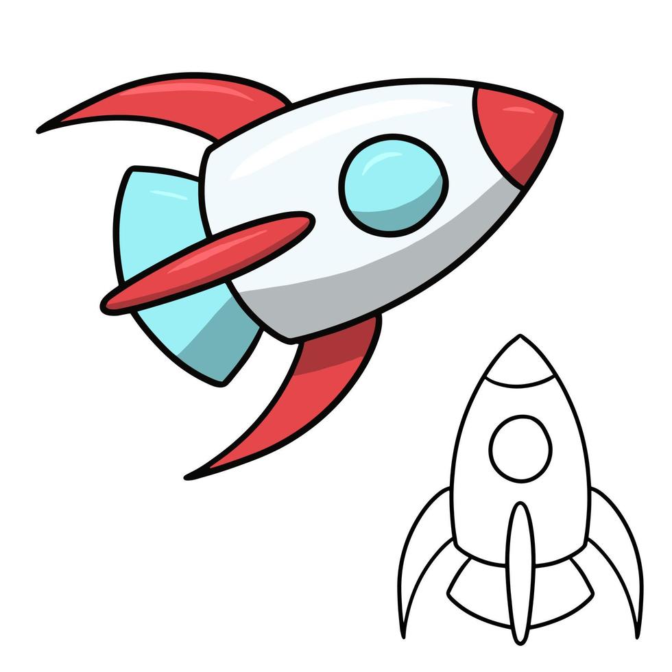 Space rocket for flights, cartoon vector illustration, color and line sketch