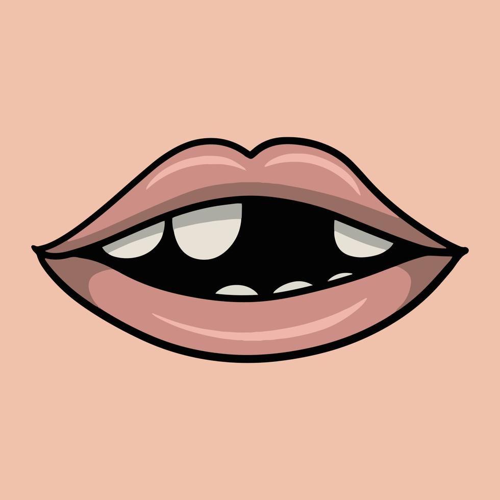 Pink lips with white teeth, cartoon vector illustration on beige background