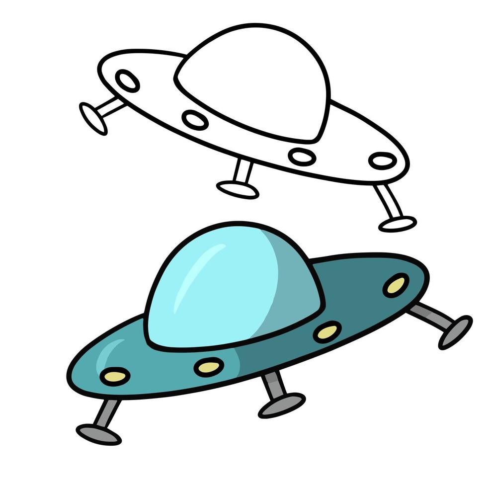 Alien Space Rocket for flights, UFO, cartoon vector illustration, color and linear sketch