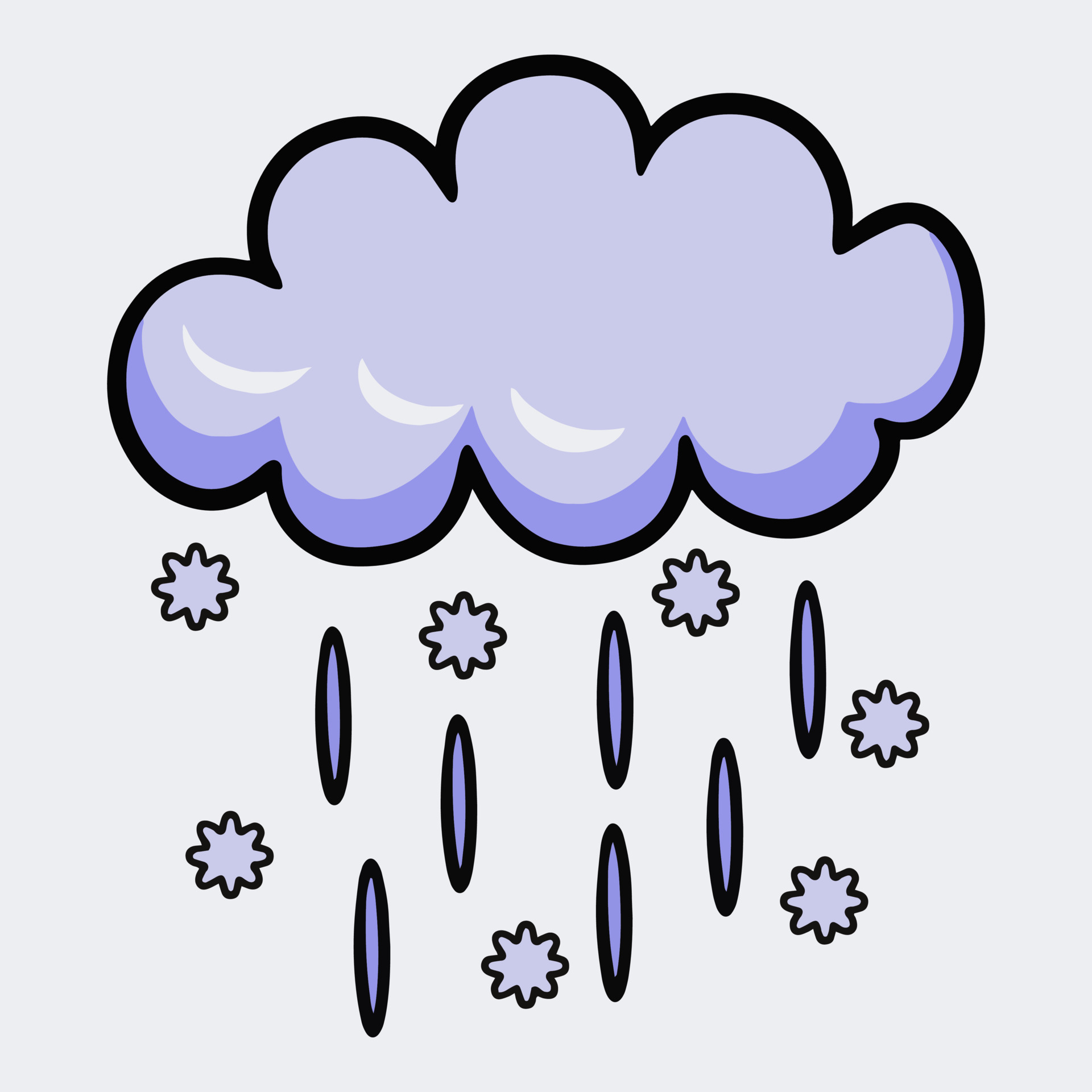 Fluffy dark cloud with rain and snow drops, vector illustrations on a