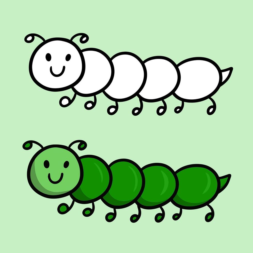 A set of color and sketch pictures. Green cute funny caterpillar, vector cartoon illustration on a light background, children's picture