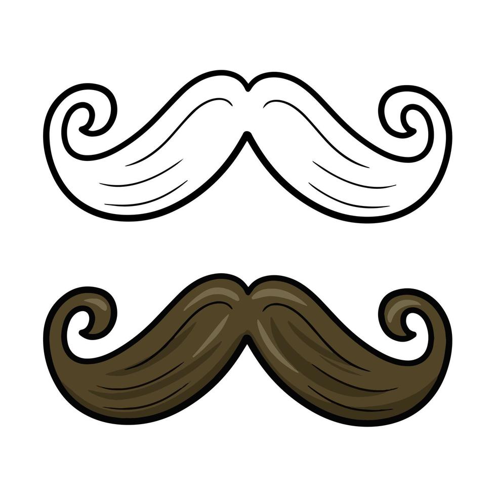 A set of color and sketch images. Funny, cartoon mustache for parties and practical jokes, fake funny mustache. Vector illustration on a white background