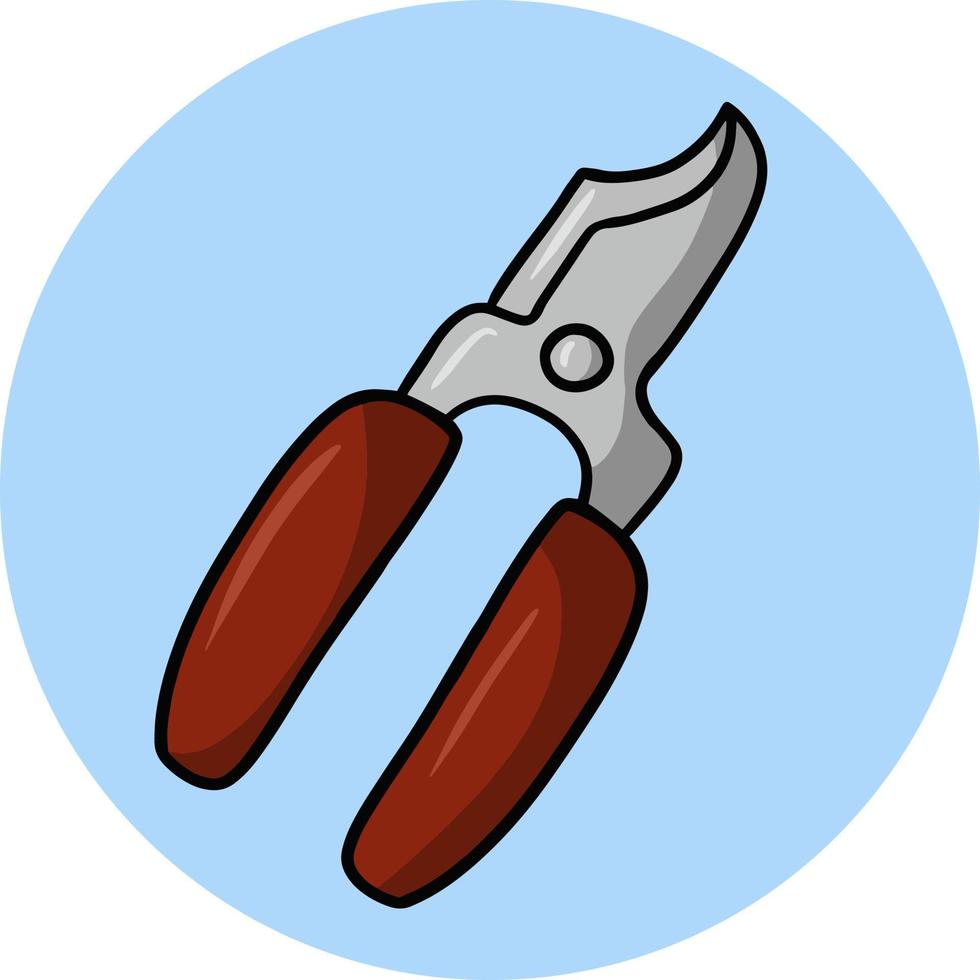 Pruner with red handles, garden tool for cutting plants, vector illustration on a round blue background, card, logo, design element