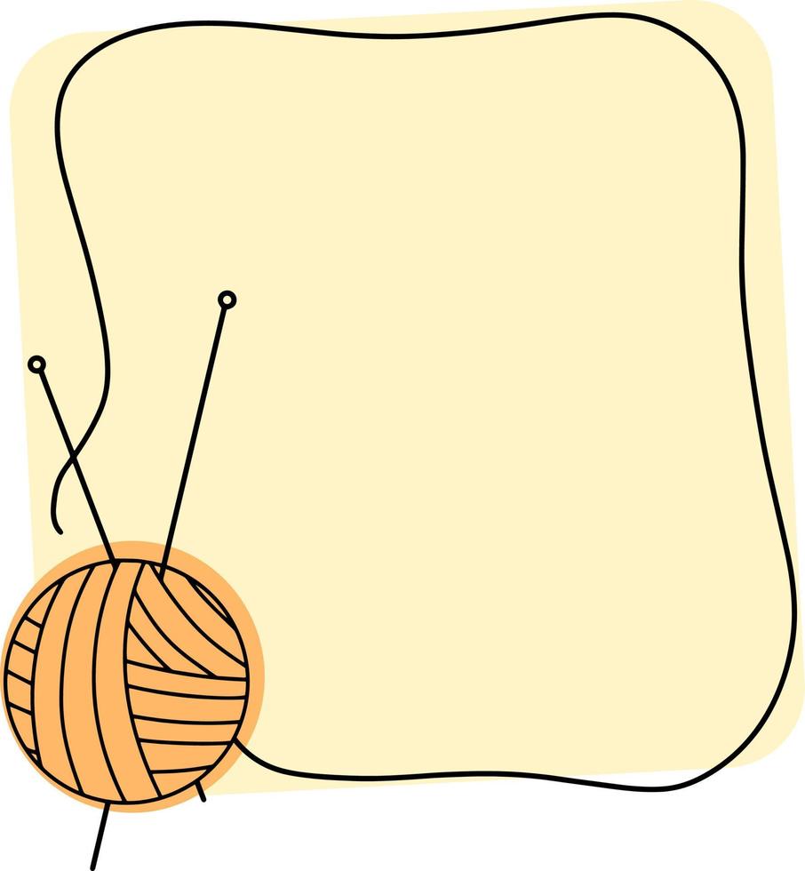 marco amarillo cuadrado con un espacio vacío para inserción, para costura, tejer con una bola y agujas de tejer, dibujo vectorial con una línea vector