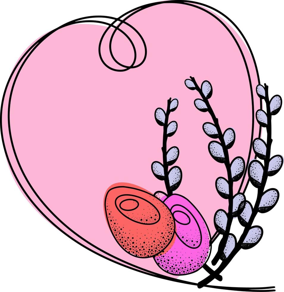 marco rosa en forma de corazón, tarjeta vectorial de pascua, ramitas de sauce y huevos pintados con un espacio vacío para el texto vector