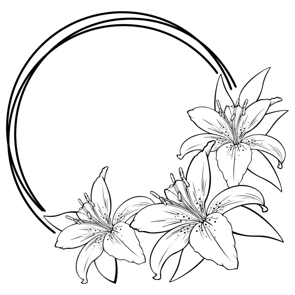 Round frame with a bouquet of lilies with white petals, vector illustration with an empty space for insertion, greeting card, postcard