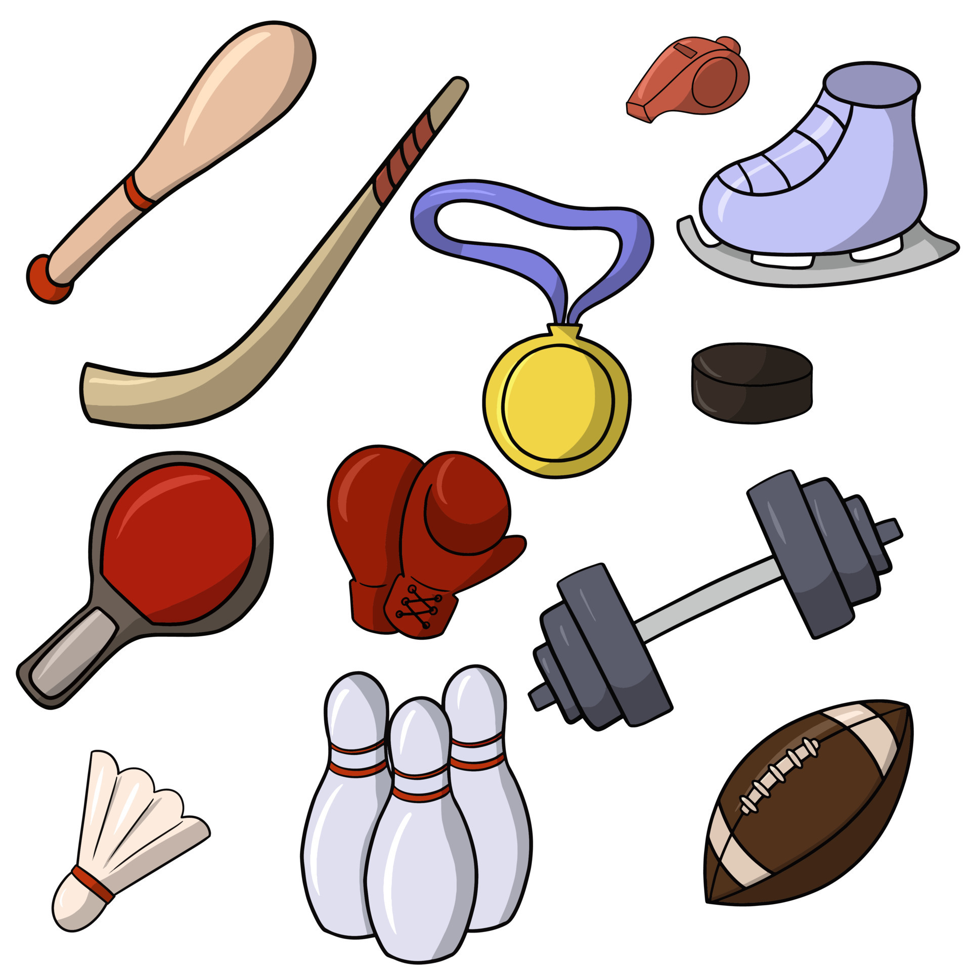 A large set of color drawings in cartoon style of sports attributes
