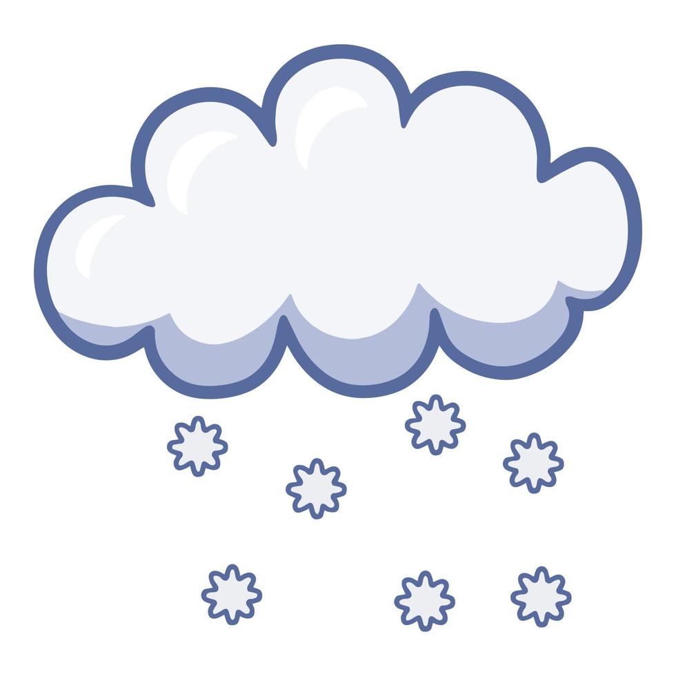 nube de nieve de caricatura ligera, caída de copos de nieve, ilustraciones vectoriales en un fondo blanco para decorar pegatinas y pancartas vector