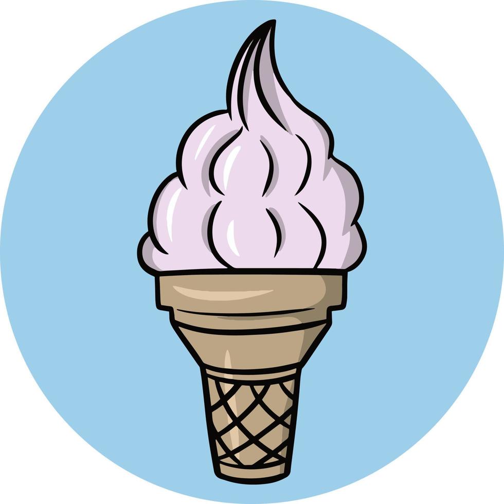 Fruit ice cream in a waffle cup, cone, Sweet cold dessert, cartoon vector illustration on a round blue background