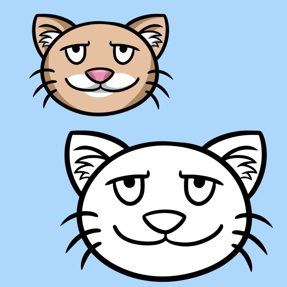 A set for coloring books, monochrome and color pictures. Light beige cat, cat face, close-up cartoon vector illustration on a blue background