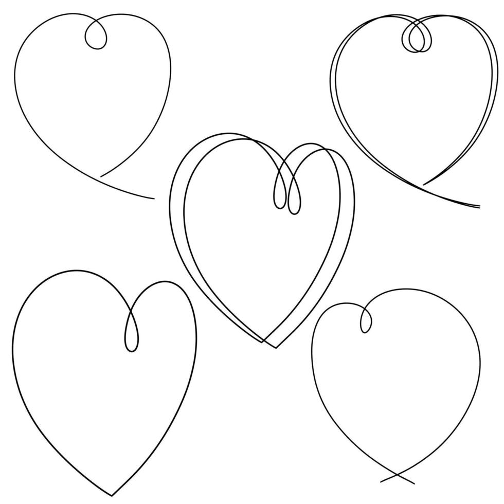 A set of decorative heart-shaped frames drawn with a single line, vector illustration on a white background, design element