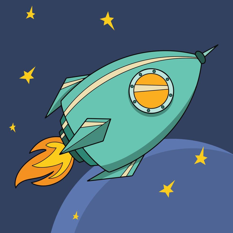 Vector image. Cartoon space rocket flying in space among the stars, on a dark background