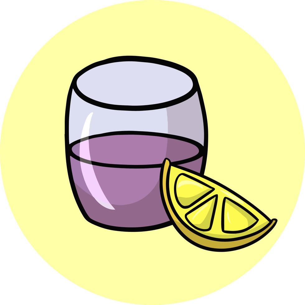 Glass transparent glass with fruit water and lemon, cartoon vector illustration on a yellow background, menu illustration