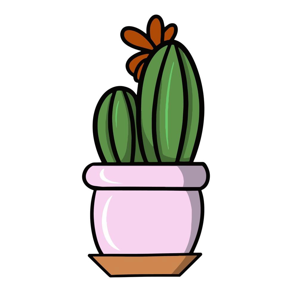 Elongated rounded green cactus with a red flower in a light pink ceramic pot, cartoon vector illustration on a white background