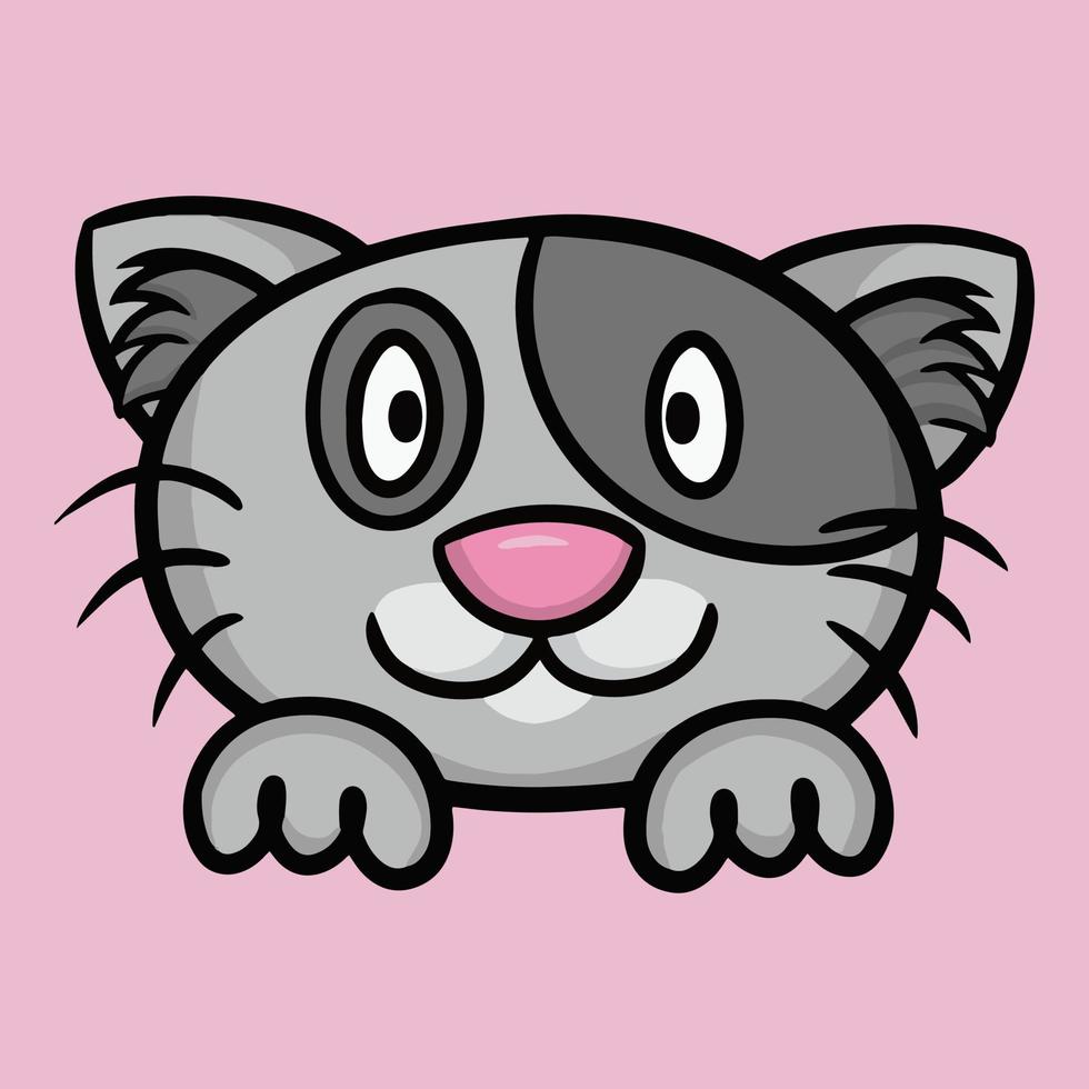 Cute gray contented cat with dark spots on the coat, cat face with paws, cartoon vector illustration on pink background