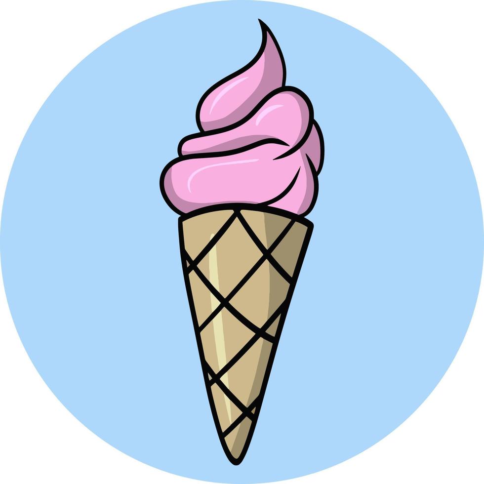 Fruit ice cream in a waffle cup, cone, Sweet cold dessert, cartoon vector illustration on a round blue background