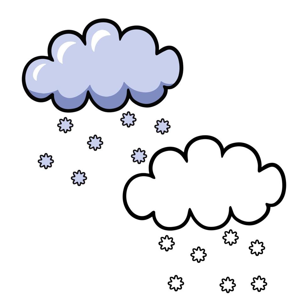 A set of color and sketch drawings, Light cartoon snow cloud, falling snowflakes, vector illustrations on white background