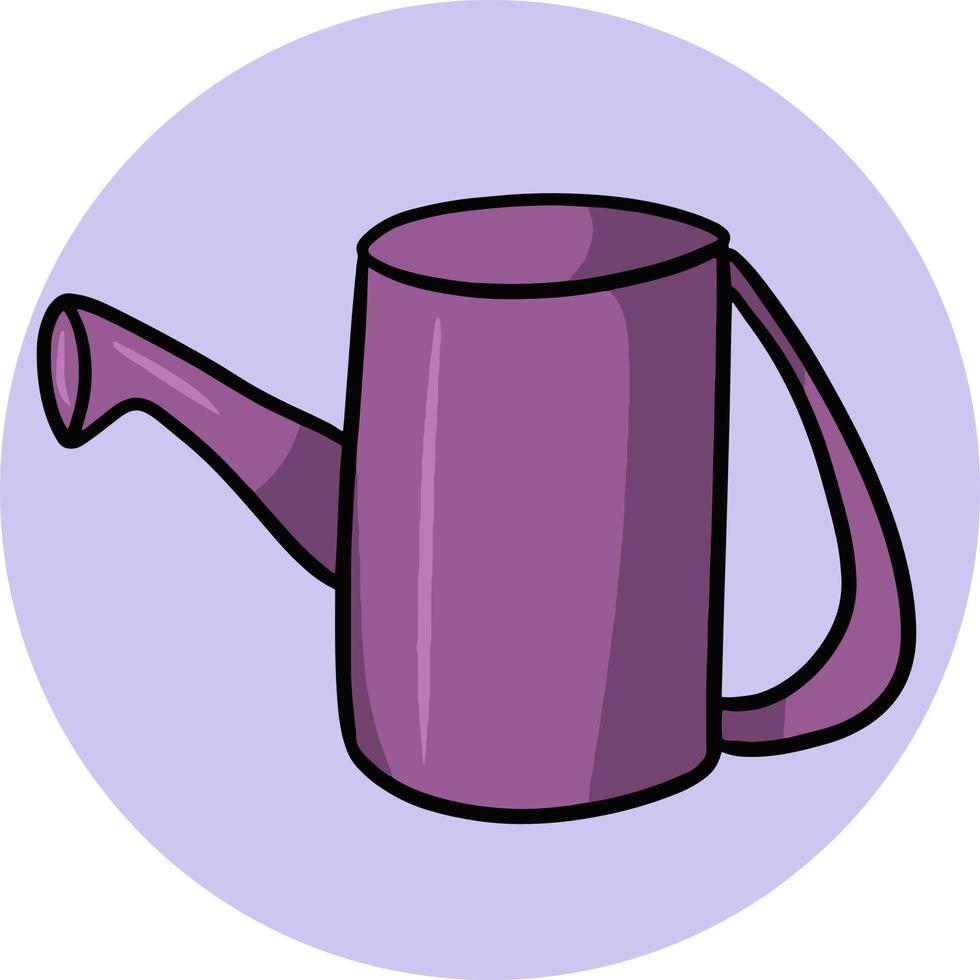 Lilac cartoon watering can for watering plants, housework and gardening. Vector illustration on a round light background