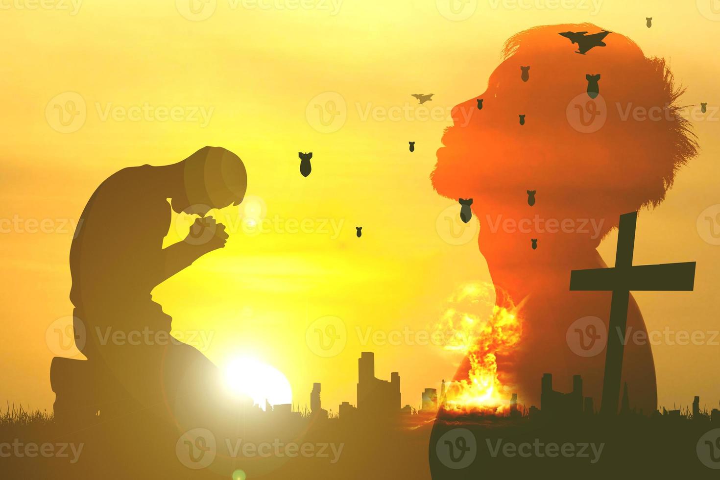 Silhouette of Christian Praying Hands Spiritual and Religious People Praying to God Christianity Concepts. End war and violence photo