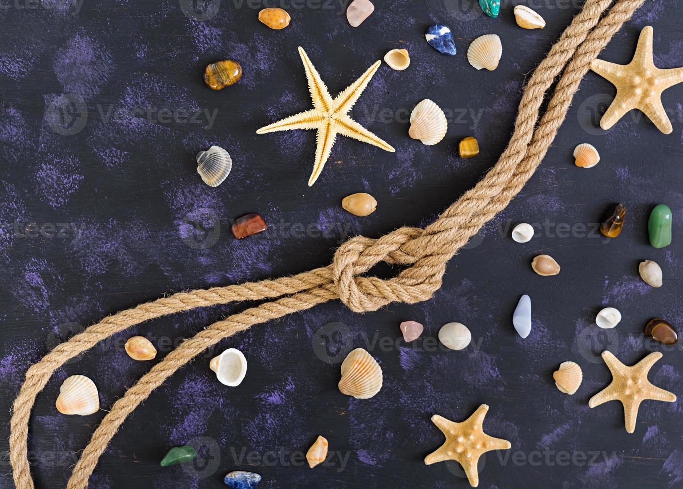 Seashell, starfish and rope on dark background. Top view photo