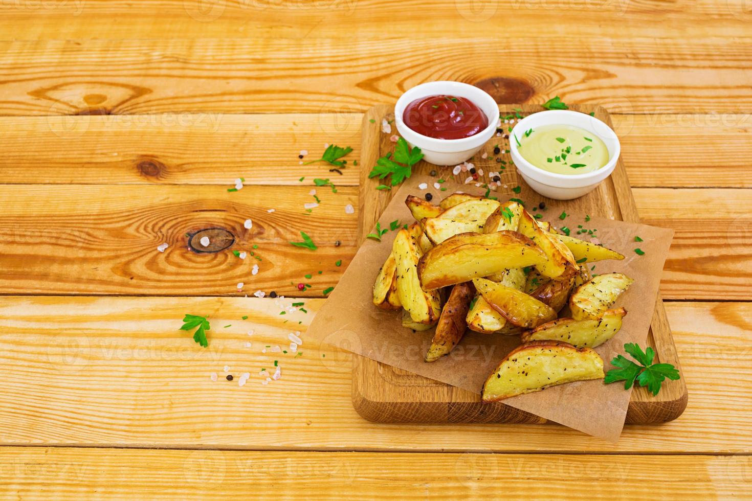 Baked potato with sauce and spices on dark background photo