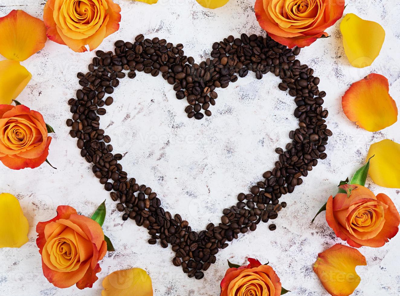 Coffe beans and rose on white background. Top view photo