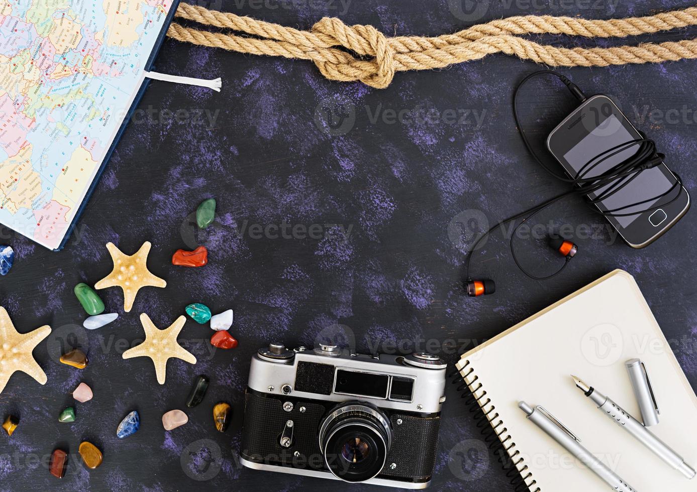 Overhead view of traveler's accessories. Travel concept. Top view photo