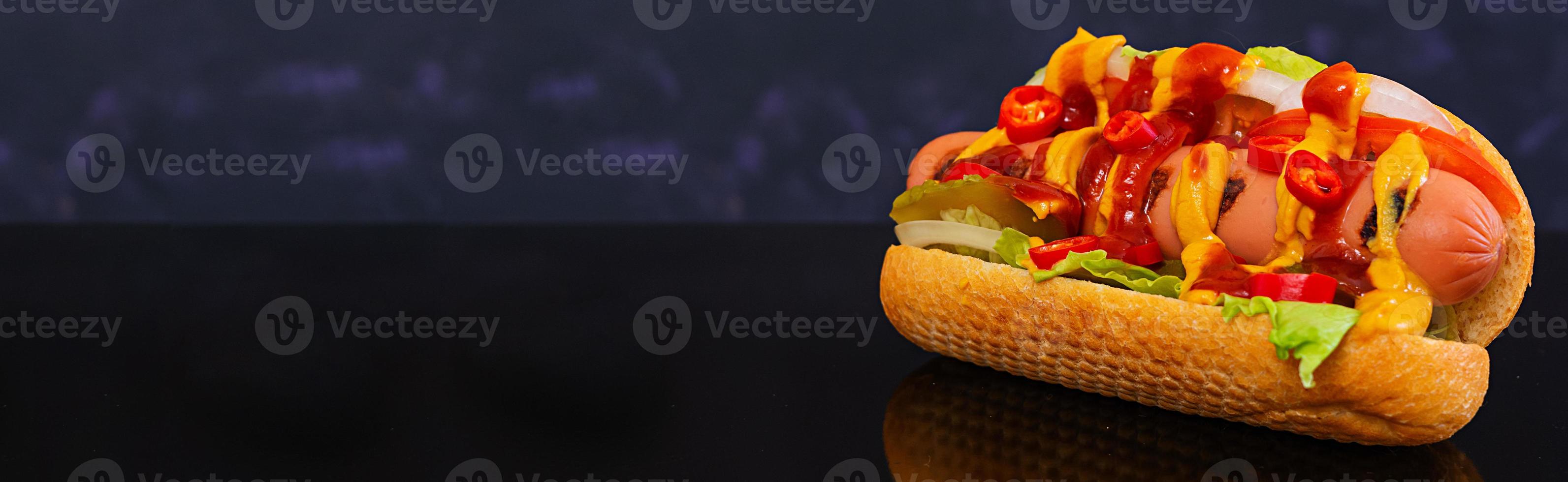 Delicious homemade hot dog on dark background. Banner. photo