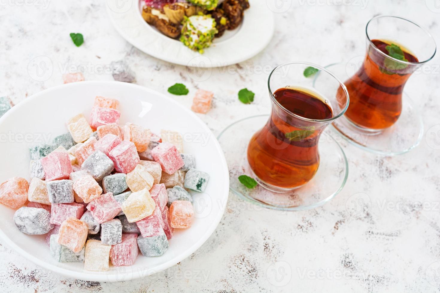 Turkish delights lokum on white background photo