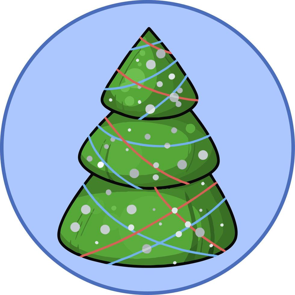 Cartoon green Christmas tree decorated with round multicolored balls on a round blue background, design element, badge, emblem. Vector illustration