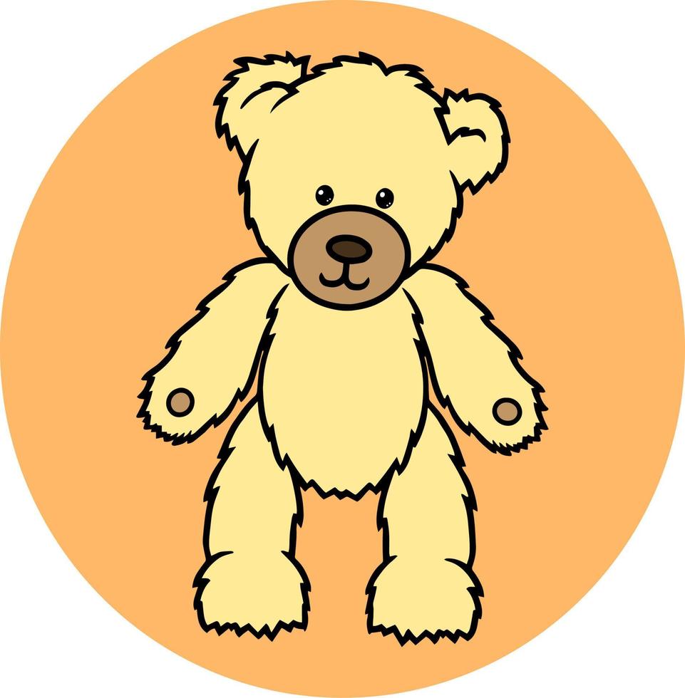 Cute teddy bear toy with yellow fur on an orange background, emblem icon, vector illustration