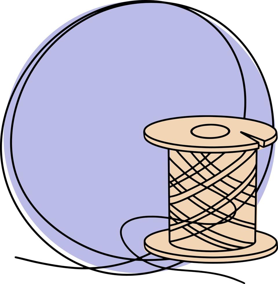 Round light purple frame with an empty space for insertion, a needlework icon with a spool of thread, a single line drawing vector