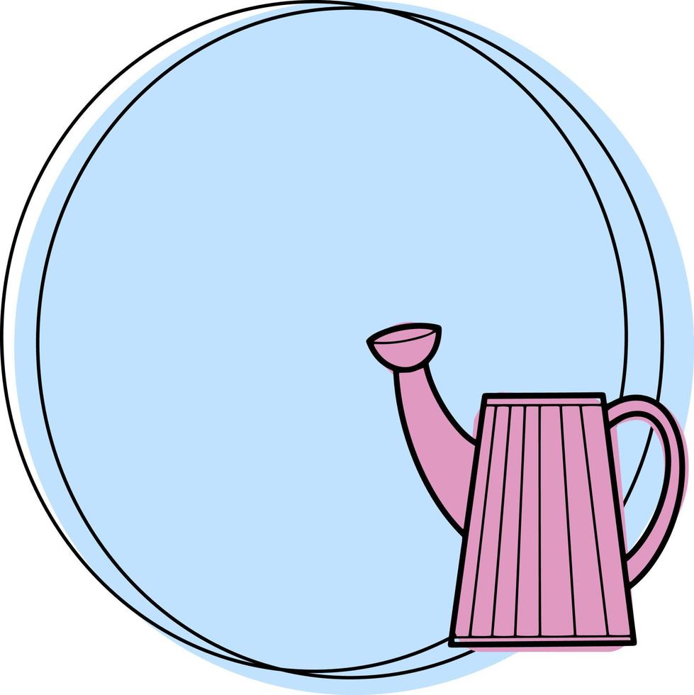 Round light blue frame with pink striped watering can, vector illustration with an empty place to insert, emblem icon