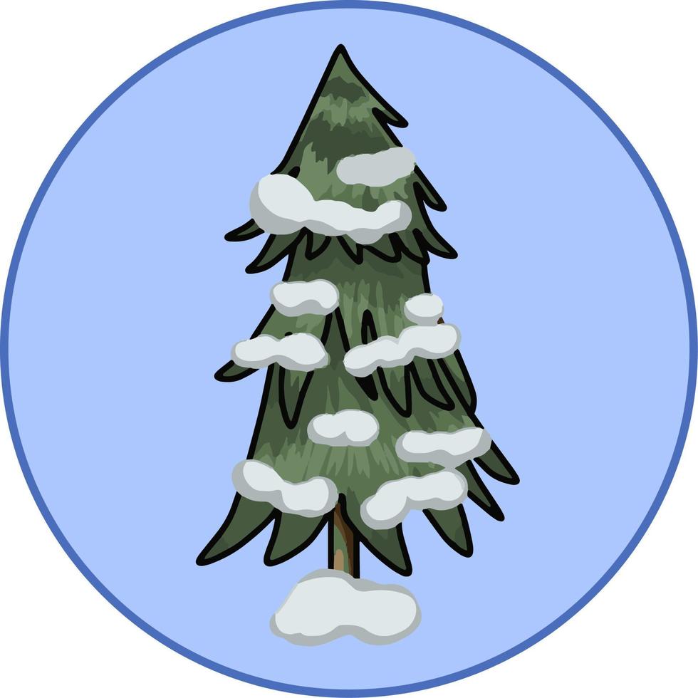 Vector illustration, tall cartoon dark green Christmas tree, pine with fluffy snow on branches, on a round blue background, design element, badge, emblem