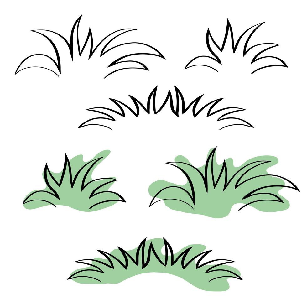 Green grass, hummocks, bushes. Set of design elements on a white background, monochrome and color, vector illustration