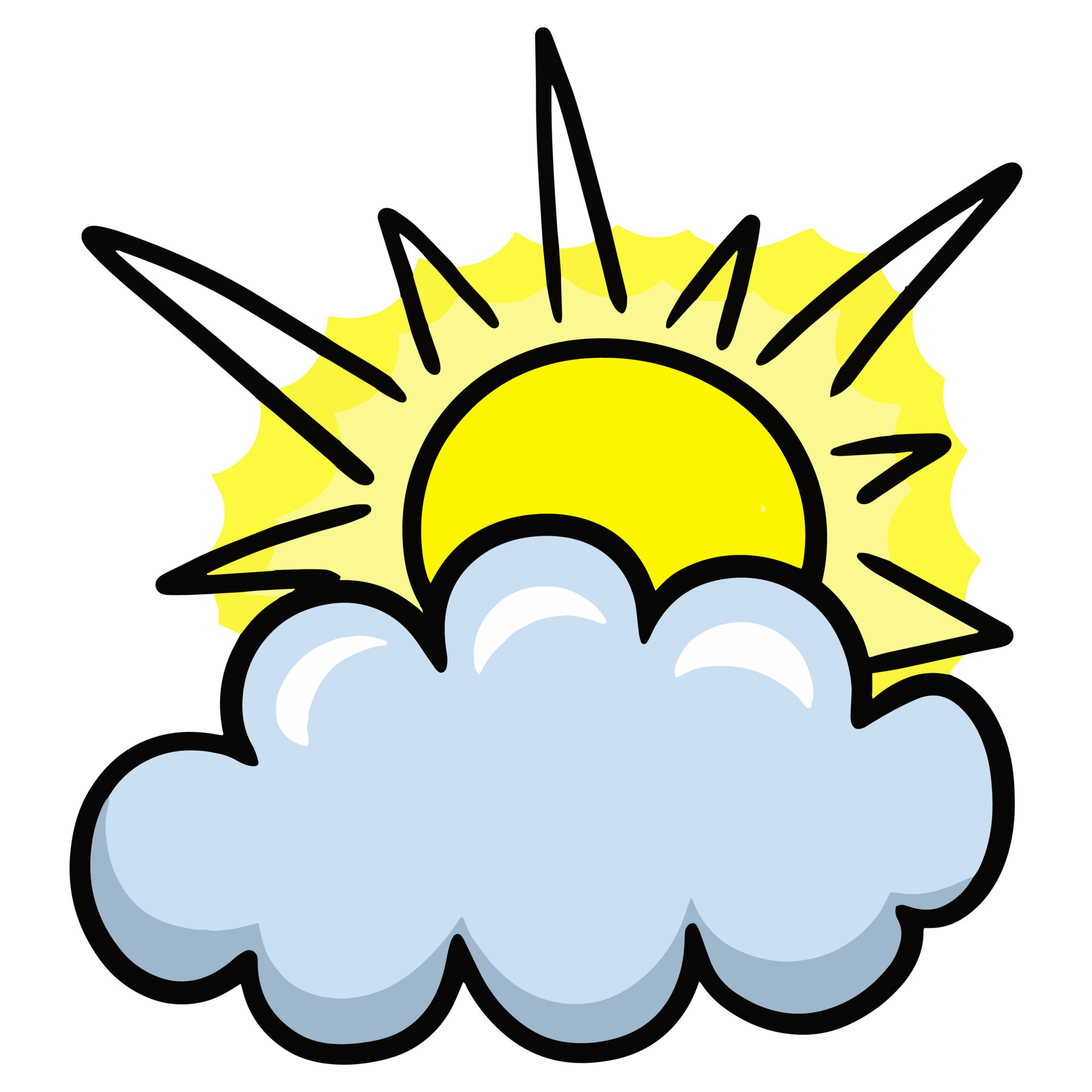 Yellow sun hiding behind a blue cloud, cartoon vector illustration on a ...