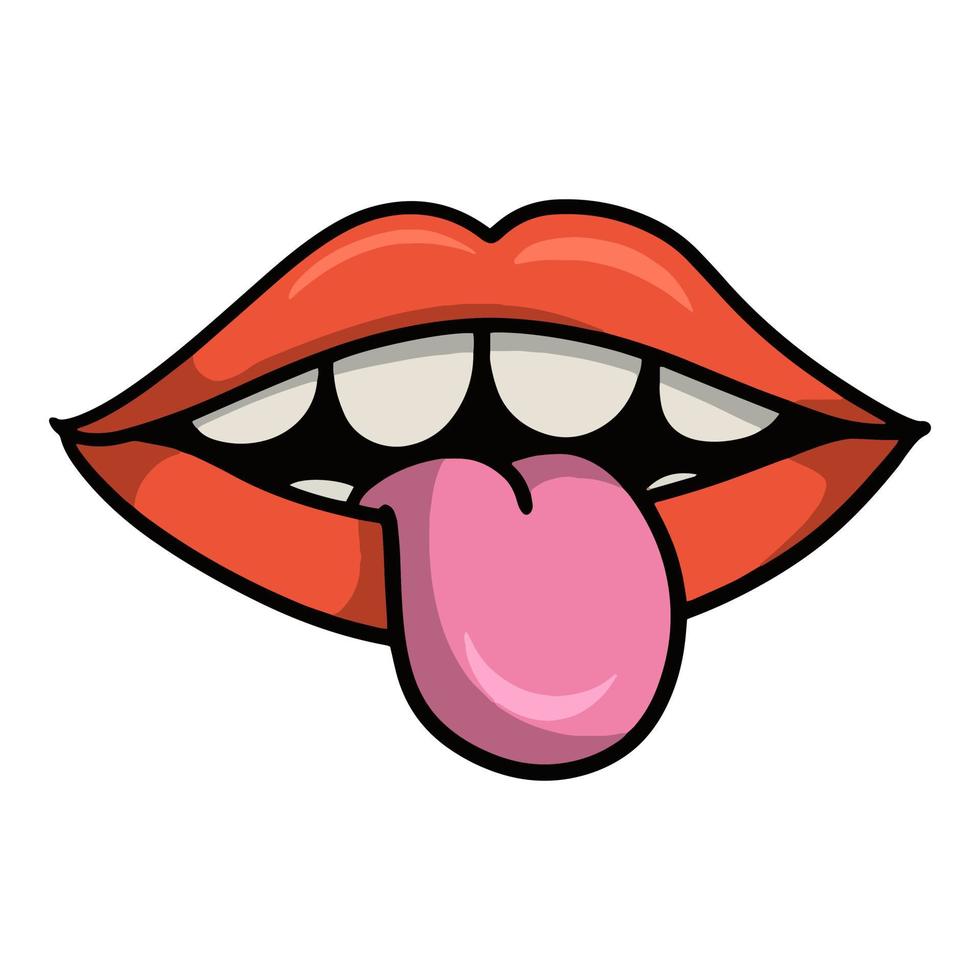 Bright pink lips with white teeth and tongue, cartoon vector illustration on a white background