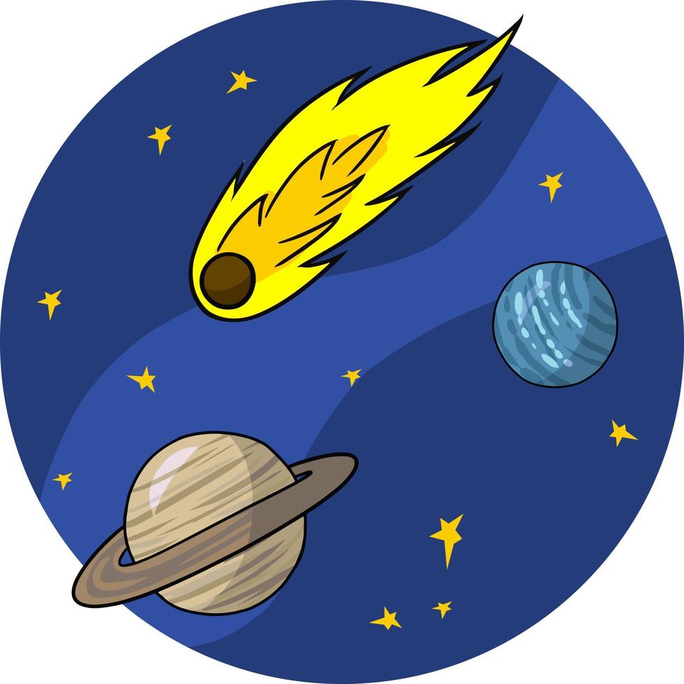 Space with planets and a comet on a dark background with bright stars, round card, vector illustration
