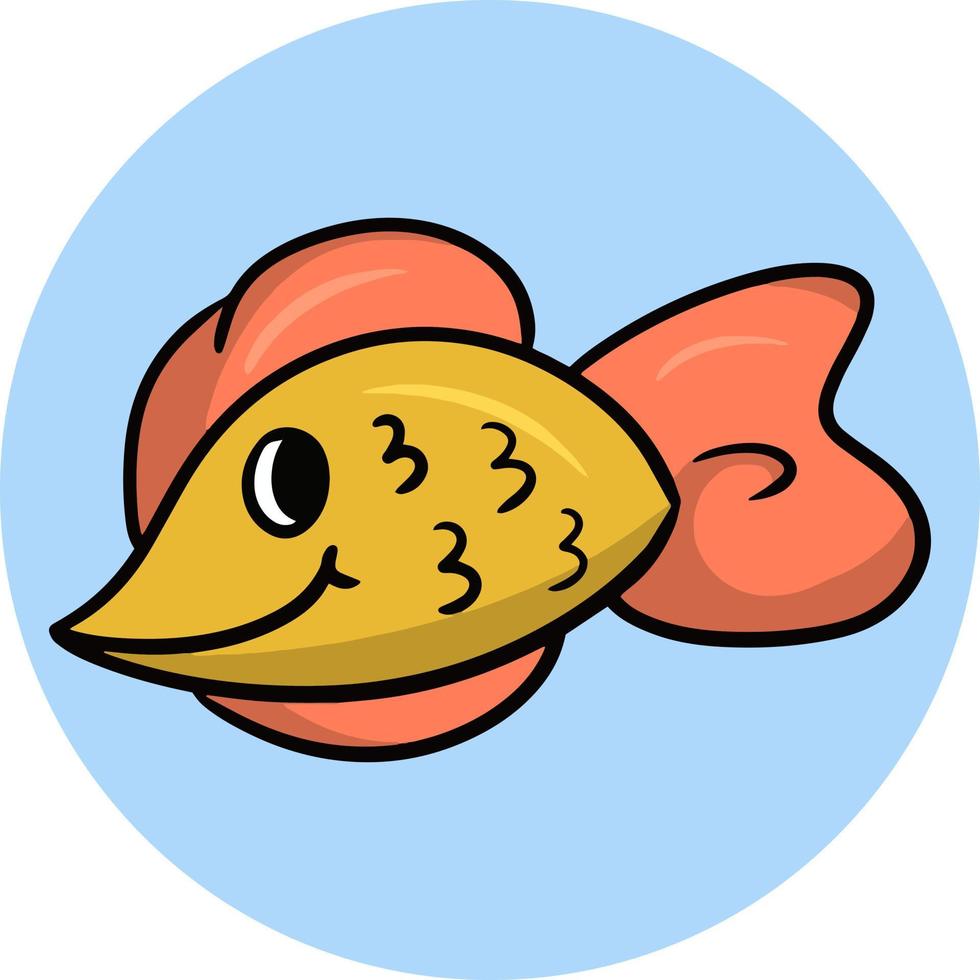 Small yellow aquarium fish, vector cartoon illustration on a round blue background