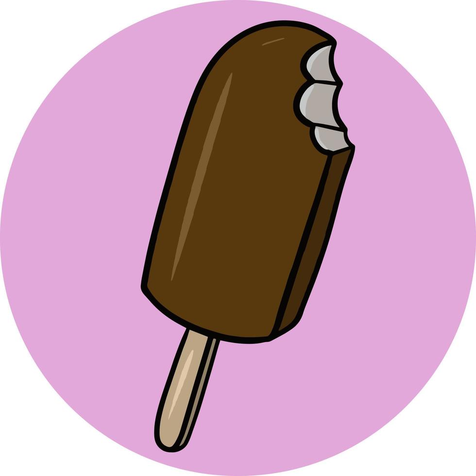 paleta cubierta de chocolate, deliciosos postres fríos, helado de chocolate en un palito. ilustración vectorial en estilo de dibujos animados sobre fondo rosa vector