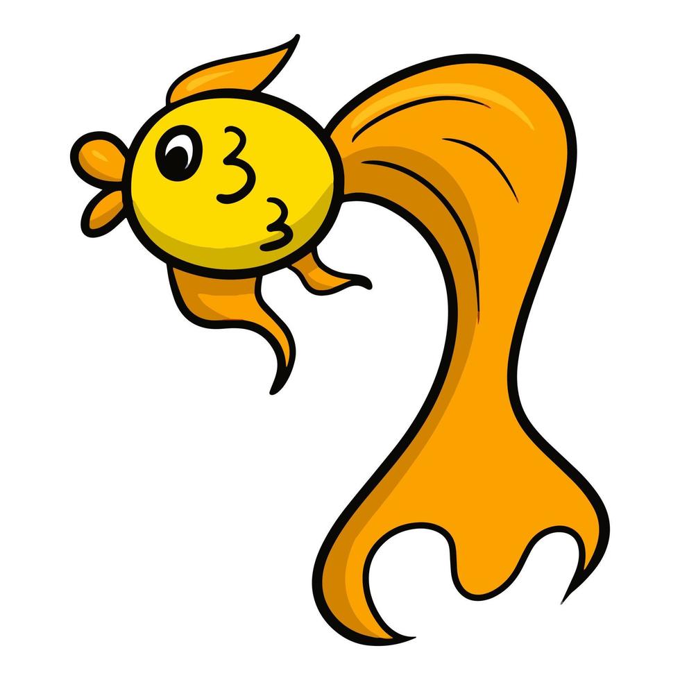 Cute yellow-orange golden aquarium fish with a big tail, vector cartoon illustration on a white background