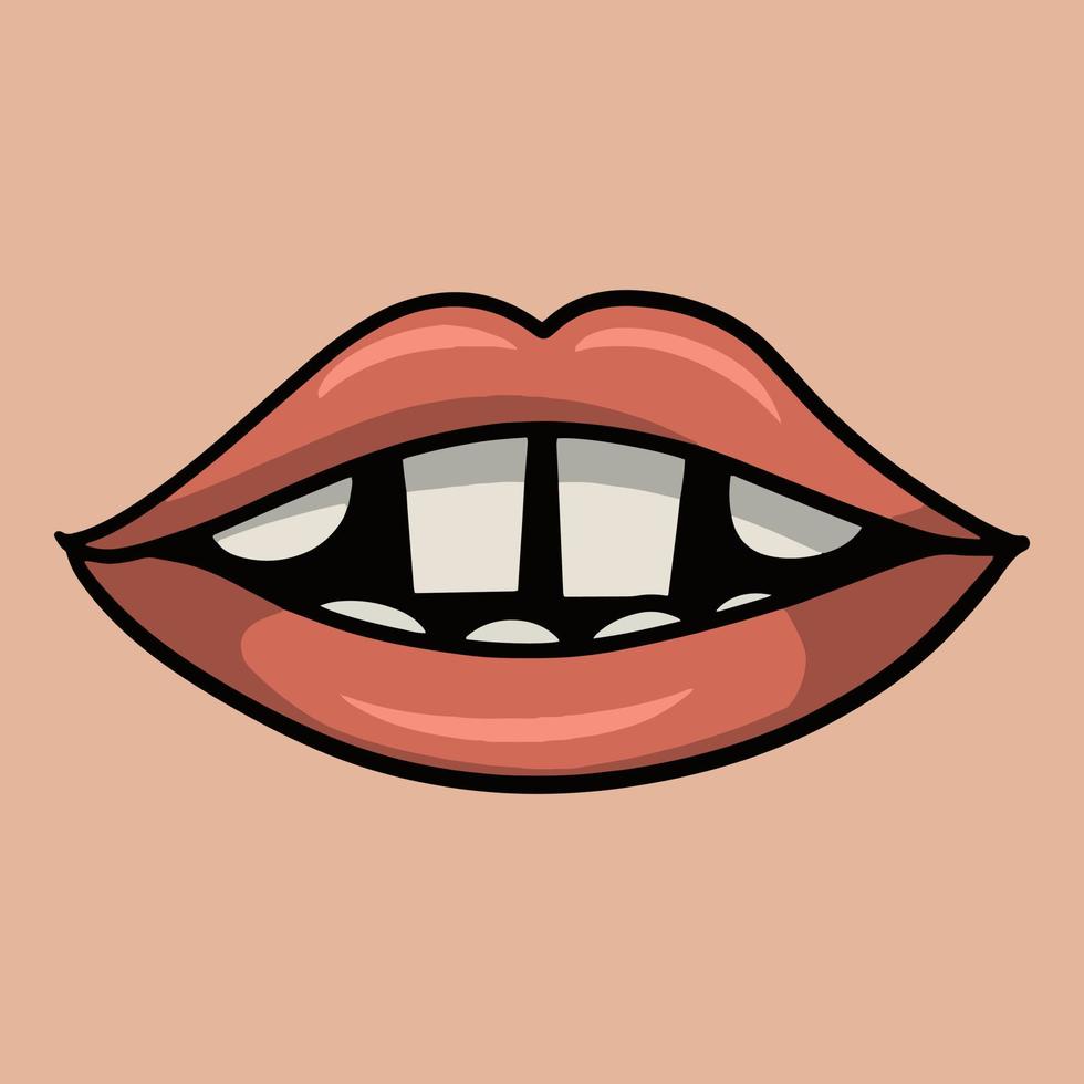 Cartoon pink lips with white square big teeth, vector illustration on beige background