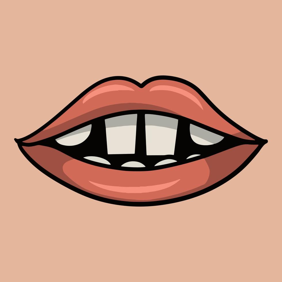 dibujos animados de labios rosados con dientes grandes cuadrados blancos, ilustración vectorial sobre fondo beige vector