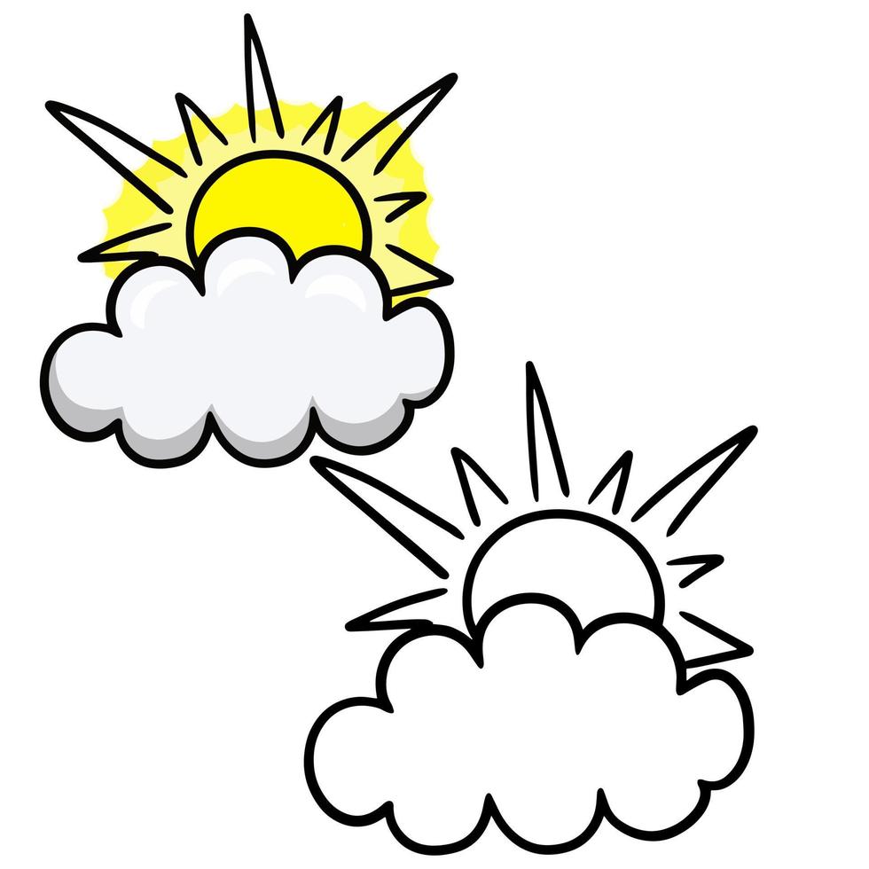 A set of monochrome and color images. Bright yellow sun hid on a cloud, vector cartoon illustration close-up on a yellow background